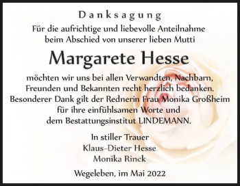 Traueranzeige von Margarete Hesse  von Magdeburger Volksstimme