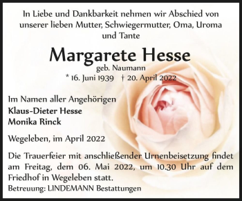 Traueranzeige von Margarete Hesse (geb. Naumann)  von Magdeburger Volksstimme