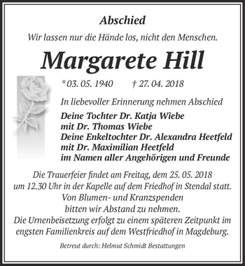 Traueranzeige von Margarete Hill  von Magdeburger Volksstimme