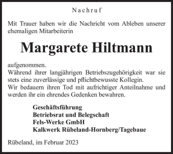 Traueranzeige von Margarete Hiltmann  von Magdeburger Volksstimme