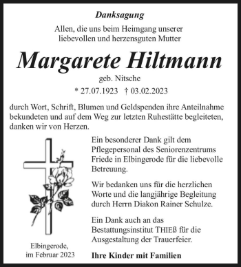 Traueranzeige von Margarete Hiltmann (geb. Nitsche)  von Magdeburger Volksstimme