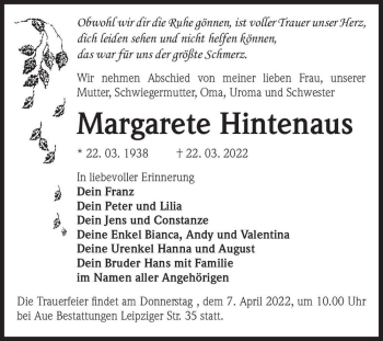 Traueranzeige von Margarete Hintenaus  von Magdeburger Volksstimme