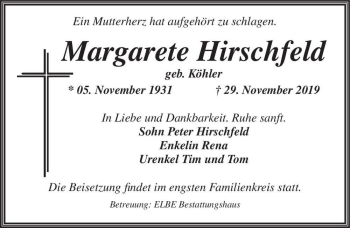 Traueranzeige von Margarete Hirschfeld (geb. Köhler)  von Magdeburger Volksstimme