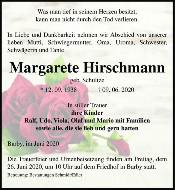 Traueranzeige von Margarete Hirschmann (geb. Schultze)  von Magdeburger Volksstimme