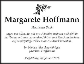 Traueranzeige von Margarete Hoffmann  von Magdeburger Volksstimme