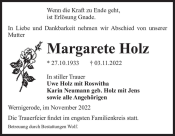 Traueranzeige von Margarete Holz  von Magdeburger Volksstimme