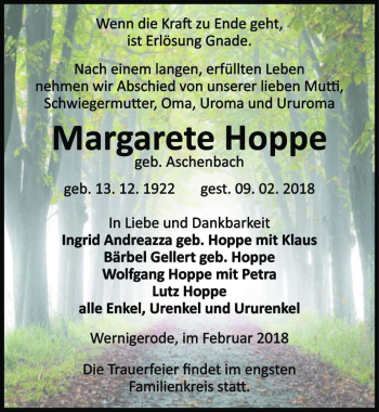 Traueranzeige von Margarete Hoppe (geb. Aschenbach)  von Magdeburger Volksstimme