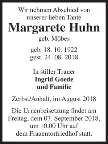 Traueranzeige von Margarete Huhn (geb. Möbes)  von Magdeburger Volksstimme