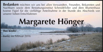 Traueranzeige von Margarete Hönger  von Magdeburger Volksstimme