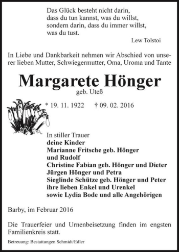 Traueranzeige von Margarete Hönger (geb. Uteß)  von Magdeburger Volksstimme