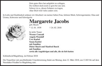 Traueranzeige von Margarete Jacobs (geb. Busch)  von Magdeburger Volksstimme