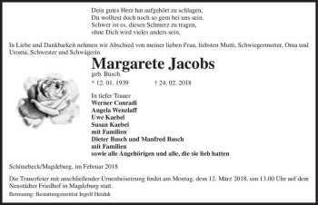 Traueranzeige von Margarete Jacobs (geb. Busch)  von Magdeburger Volksstimme