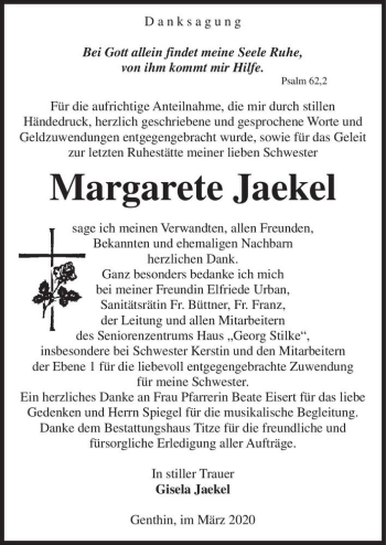 Traueranzeige von Margarete Jaekel  von Magdeburger Volksstimme