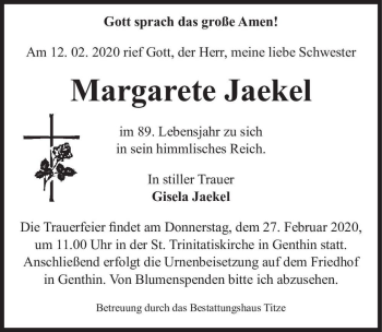 Traueranzeige von Margarete Jaekel  von Magdeburger Volksstimme