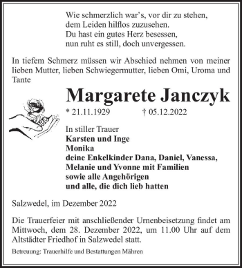 Traueranzeige von Margarete Janczyk  von Magdeburger Volksstimme