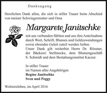 Traueranzeige von Margarete Janitschke  von Magdeburger Volksstimme