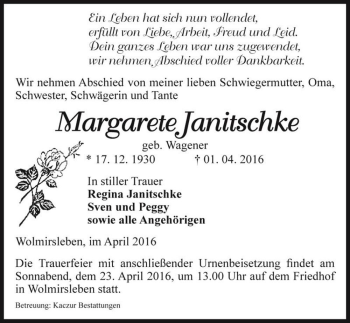 Traueranzeige von Margarete Janitschke (geb. Wagener)  von Magdeburger Volksstimme