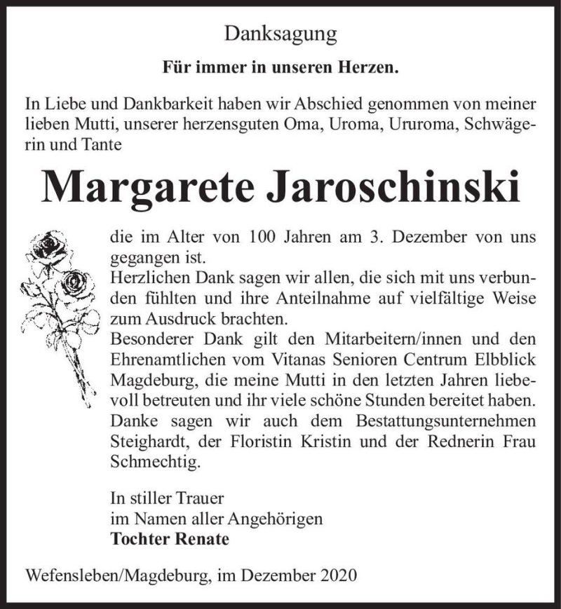  Traueranzeige für Margarete Jaroschinski  vom 19.12.2020 aus Magdeburger Volksstimme