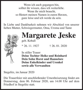 Traueranzeige von Margarete Jeske (geb. Koball)  von Magdeburger Volksstimme