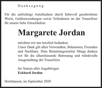 Traueranzeige von Margarete Jordan  von Magdeburger Volksstimme