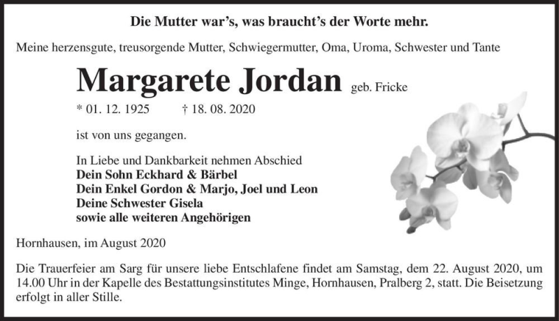  Traueranzeige für Margarete Jordan (geb. Fricke)  vom 21.08.2020 aus Magdeburger Volksstimme