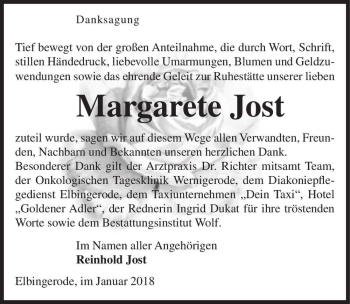Traueranzeige von Margarete Jost  von Magdeburger Volksstimme
