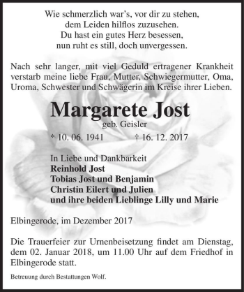 Traueranzeige von Margarete Jost (geb. Geisler)  von Magdeburger Volksstimme