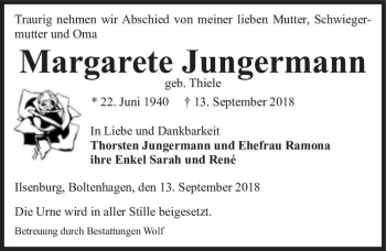 Traueranzeige von Margarete Jungermann (geb. Thiele)  von Magdeburger Volksstimme