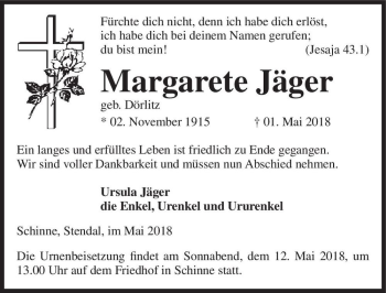 Traueranzeige von Margarete Jäger (geb. Dörlitz)  von Magdeburger Volksstimme