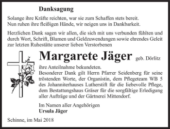 Traueranzeige von Margarete Jäger (geb. Dörlitz)  von Magdeburger Volksstimme