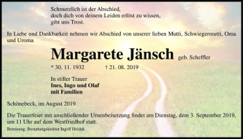 Traueranzeige von Margarete Jänsch (geb. Scheffler)  von Magdeburger Volksstimme