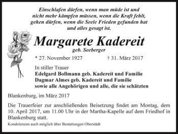 Traueranzeige von Margarete Kadereit (geb. Seeberger)  von Magdeburger Volksstimme