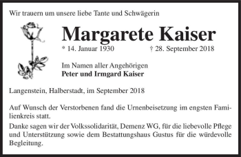 Traueranzeige von Margarete Kaiser  von Magdeburger Volksstimme