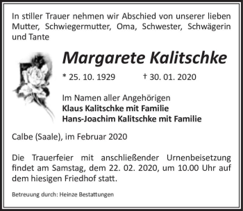 Traueranzeige von Margarete Kalitschke  von Magdeburger Volksstimme
