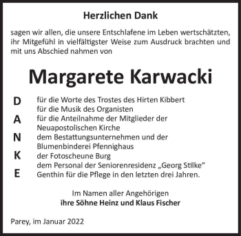 Traueranzeige von Margarete Karwacki  von Magdeburger Volksstimme