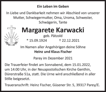 Traueranzeige von Margarete Karwacki (geb. Pätzold)  von Magdeburger Volksstimme