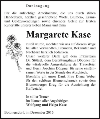 Traueranzeige von Margarete Kase  von Magdeburger Volksstimme