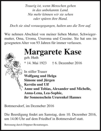 Traueranzeige von Margarete Kase (geb. Huth)  von Magdeburger Volksstimme