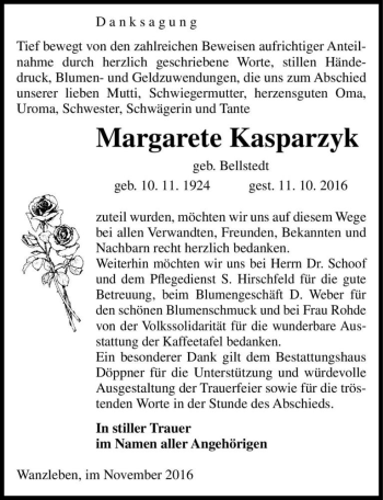 Traueranzeige von Margarete Kasparzyk (geb. Bellstedt)  von Magdeburger Volksstimme