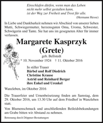 Traueranzeige von Margarete Kasprzyk (Grete, geb. Bellstedt)  von Magdeburger Volksstimme