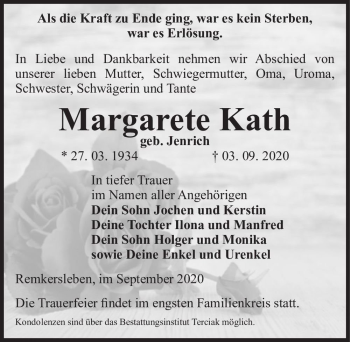 Traueranzeige von Margarete Kath (geb. Jenrich)  von Magdeburger Volksstimme