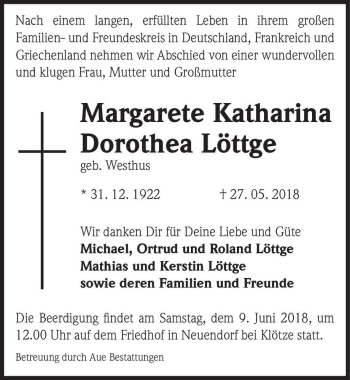 Traueranzeige von Margarete Katharina Dorothea Löttge (geb. Westhus)  von Magdeburger Volksstimme