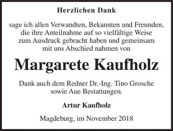 Traueranzeige von Margarete Kaufholz  von Magdeburger Volksstimme