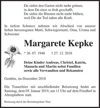 Traueranzeige von Margarete Kepke  von Magdeburger Volksstimme