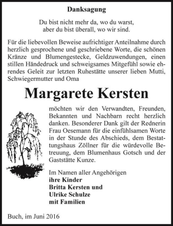 Traueranzeige von Margarete Kersten  von Magdeburger Volksstimme