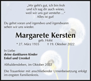 Traueranzeige von Margarete Kersten (geb. Holst)  von Magdeburger Volksstimme