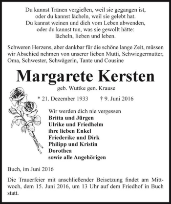 Traueranzeige von Margarete Kersten (geb. Wuttke, gen. Krause)  von Magdeburger Volksstimme