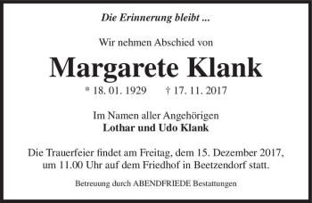 Traueranzeige von Margarete Klank  von Magdeburger Volksstimme