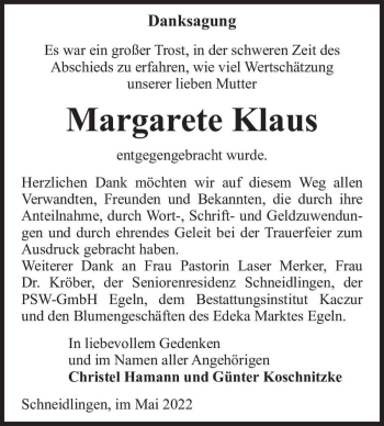 Traueranzeige von Margarete Klaus  von Magdeburger Volksstimme