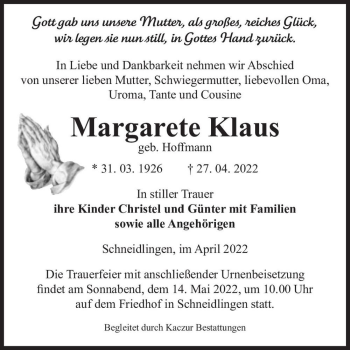Traueranzeige von Margarete Klaus (geb. Hoffmann)  von Magdeburger Volksstimme